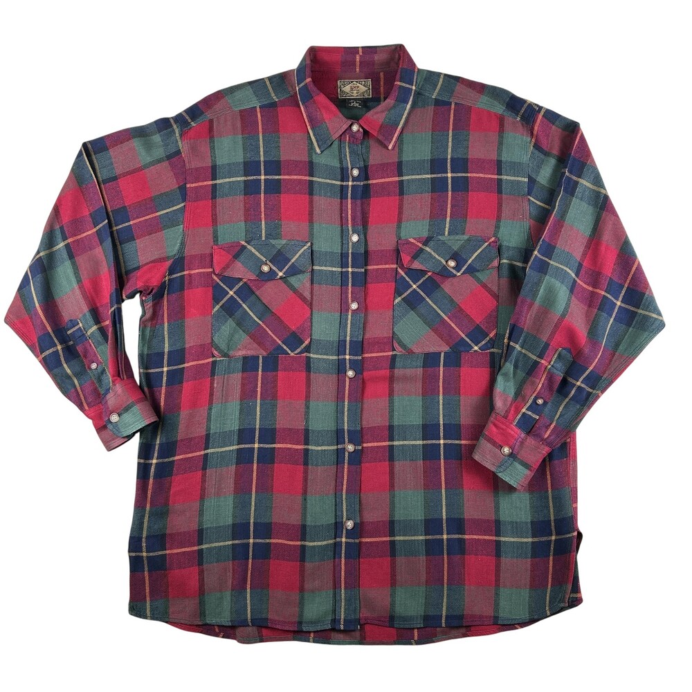 Vtg Express Jeans Shirt Womens Large Plaid Silk Long Sleeve Button Up Pockets